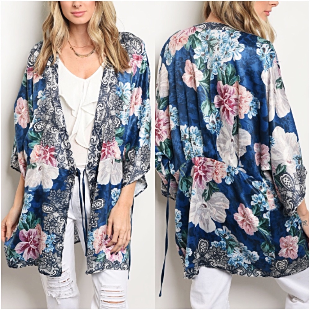 Boho Silky Floral Kimono Wrap Coverup LxL - Picture 5 of 7